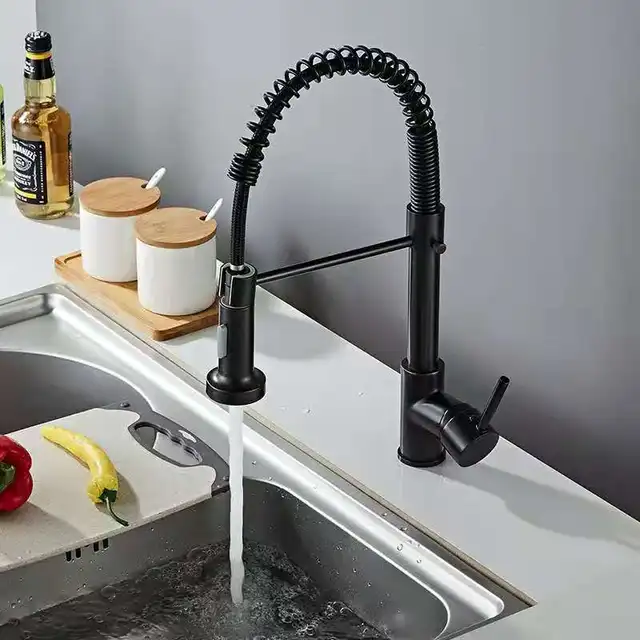 Black 304 rotating hot and cold water mixer with pull down spray tap with spring neck