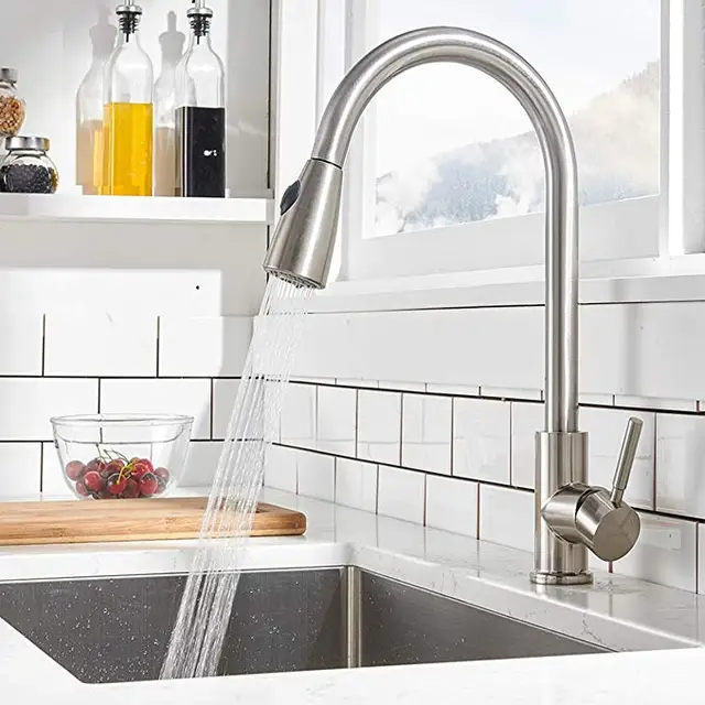Stainless steel single handle pull out kitchen faucet