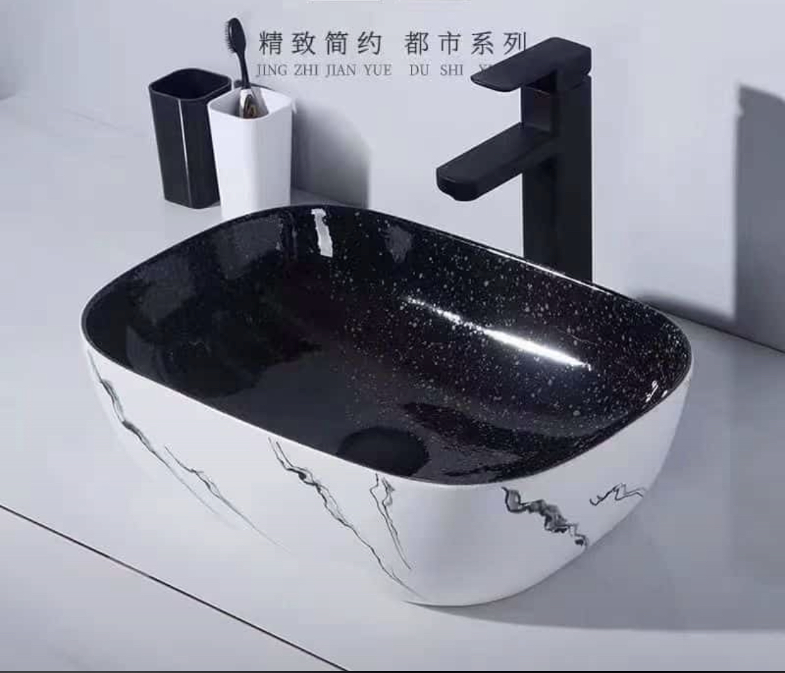 Black and white marble top basin with grey stripes