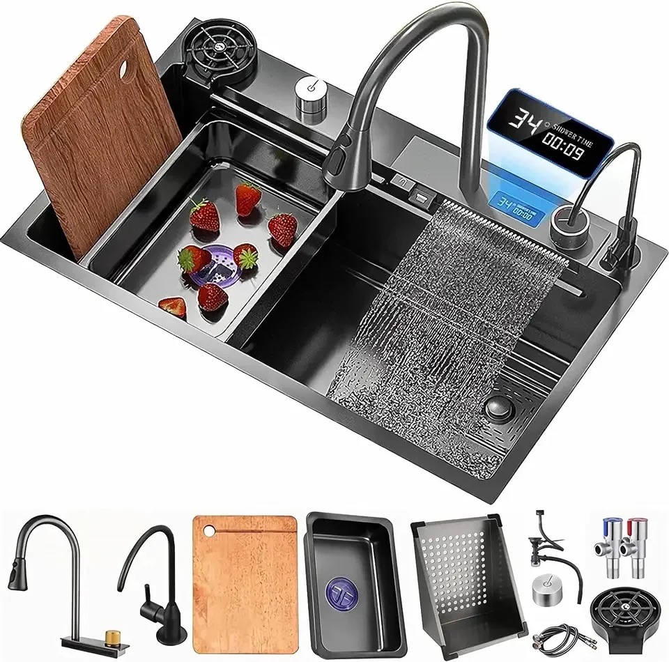 Stainless steel waterfall kitchen sink  with dishwashing and faucet
